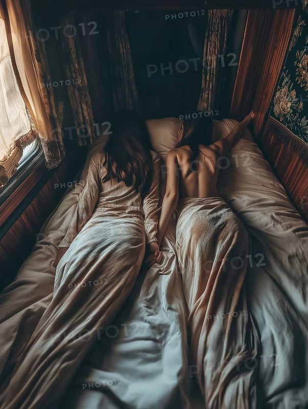 Two people lying close together in a bed in a cozy, dimly lit wood-paneled room, AI generated