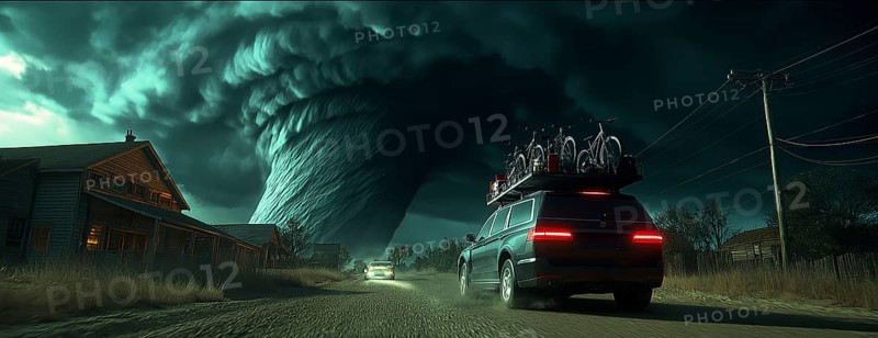 People driving away from a massive tornado with storm clouds, loading bicycles on a station wagon on a countryside road, creating a tense, surreal atmosphere, AI generated