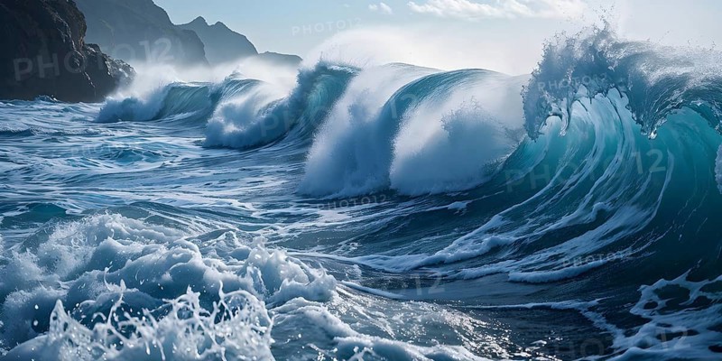 Ocean wave cresting with foam water glistening under sunlight, AI generated