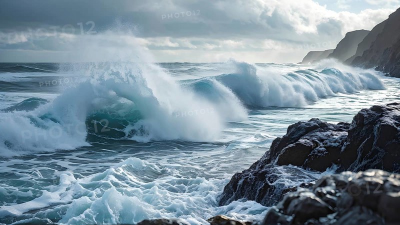 Ocean wave cresting with foam water glistening under sunlight, AI generated