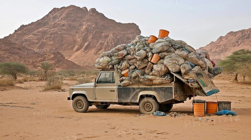 An off-road Land Rover with an overloaded roof of bags and buckets, set against a desert landscape with rocky mountains, AI generated