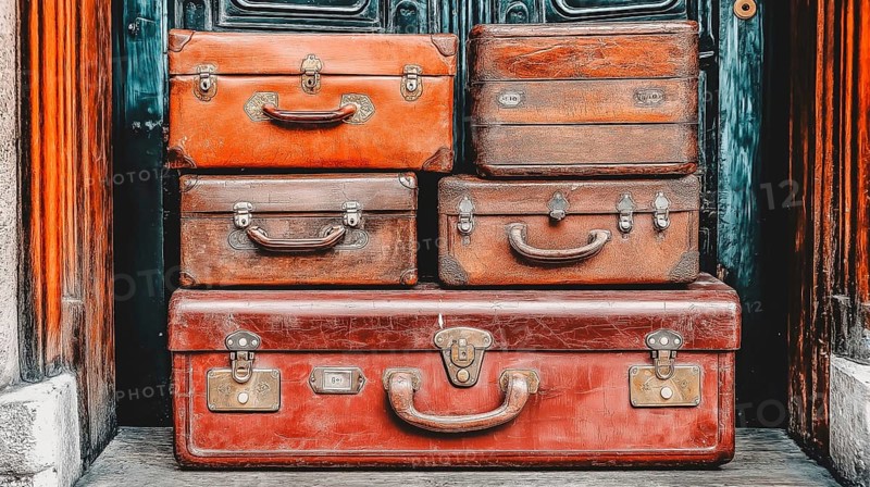 A stack of vintage suitcases of different sizes and colors, placed in front of a wooden wall, AI generated
