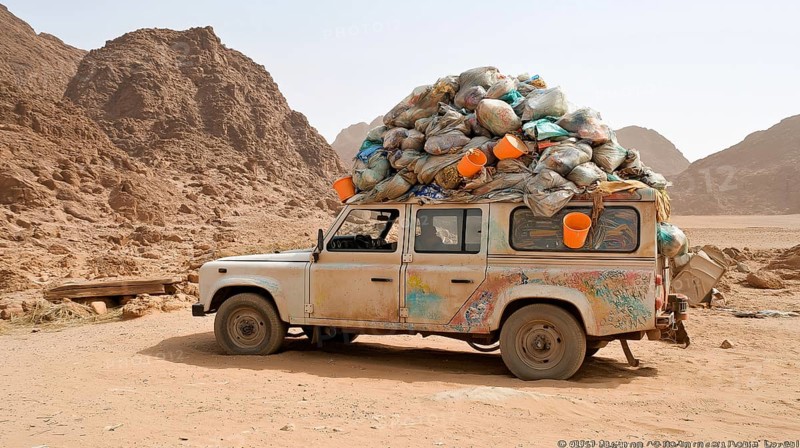 An off-road Land Rover, loaded with bags and buckets, parked in a rugged desert landscape with mountains in the background, AI generated