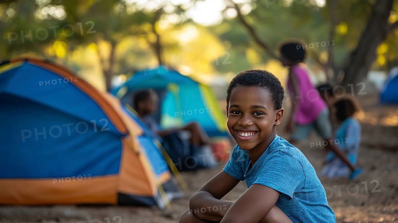 A smiling child sitting near tents in a wooded campsite, with sunlight filtering through the trees, AI generated