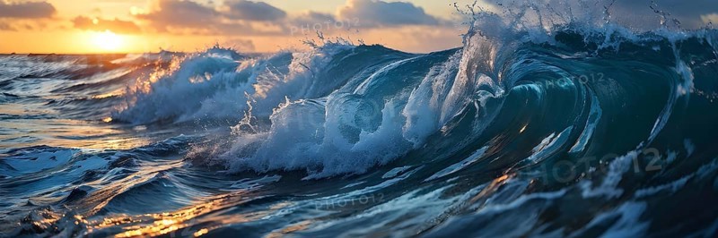 Ocean wave cresting with foam water glistening under sunlight, AI generated