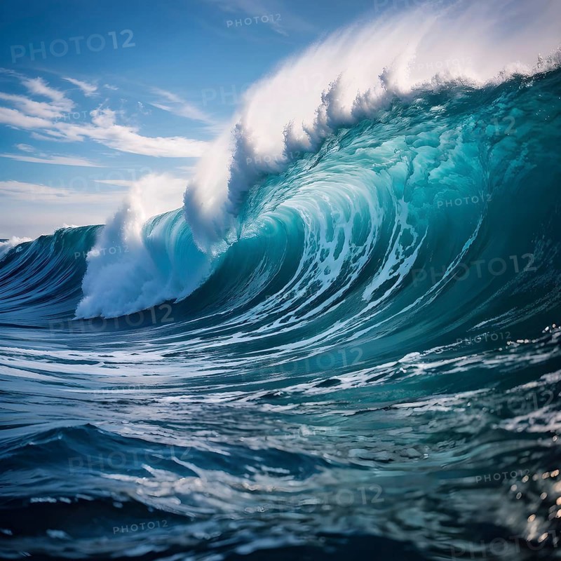 Ocean wave cresting with foam water glistening under sunlight, AI generated