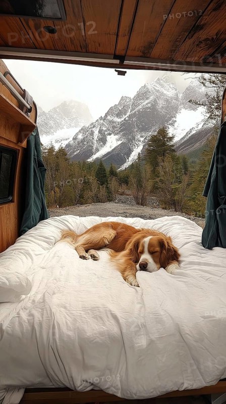 Dog resting on a bed inside an open van with a view of snowy mountains, exuding a cozy and peaceful vibe, AI generated