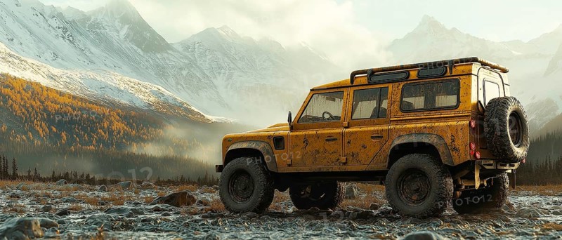 Rusty yellow SUV in a wilderness setting with snowy mountains and an overcast sky, AI generated