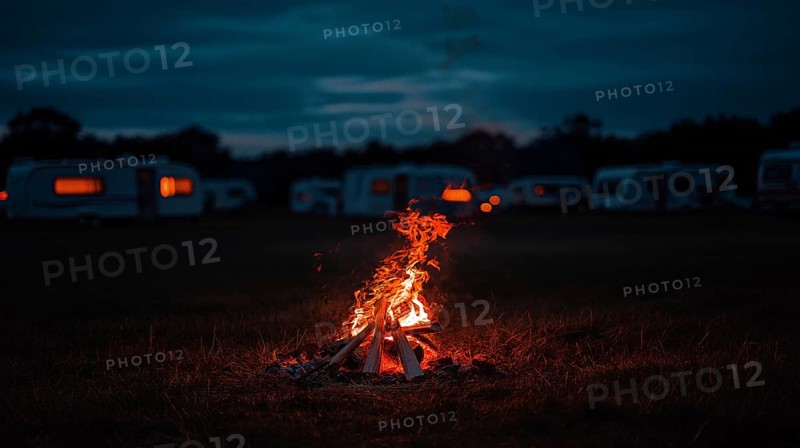 A campsite with caravans at night, featuring a central campfire emitting a warm glow, AI generated