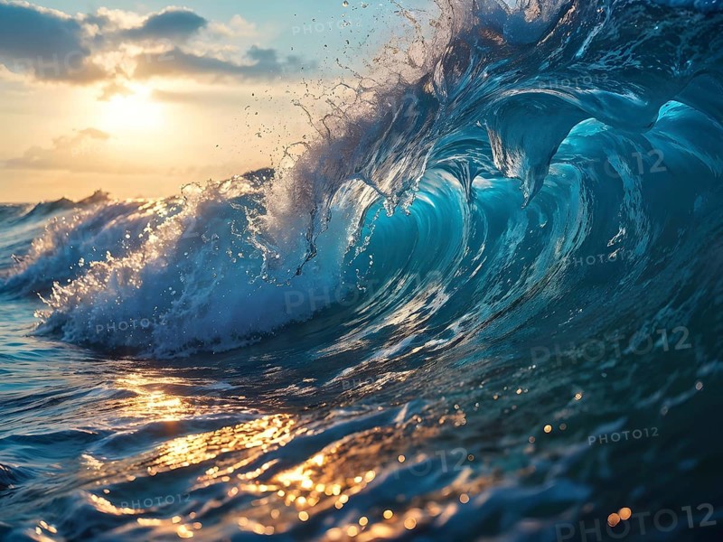 Ocean wave cresting with foam water glistening under sunlight, AI generated