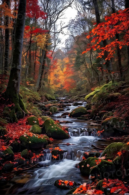 Autumn forest with leaves in varying shades of amber red and yellow in golden hour sunlight, AI generated