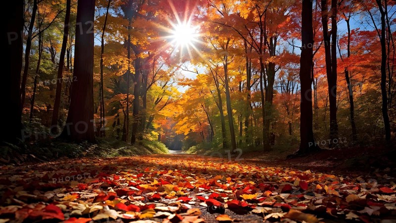 Autumn forest with leaves in varying shades of amber red and yellow in golden hour sunlight, AI generated