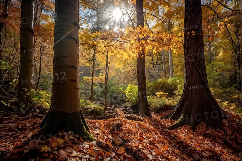 Autumn forest with leaves in varying shades of amber red and yellow in golden hour sunlight, AI generated