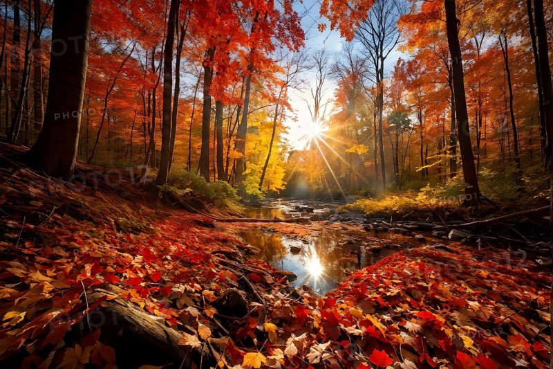 Autumn forest with leaves in varying shades of amber red and yellow in golden hour sunlight, AI generated