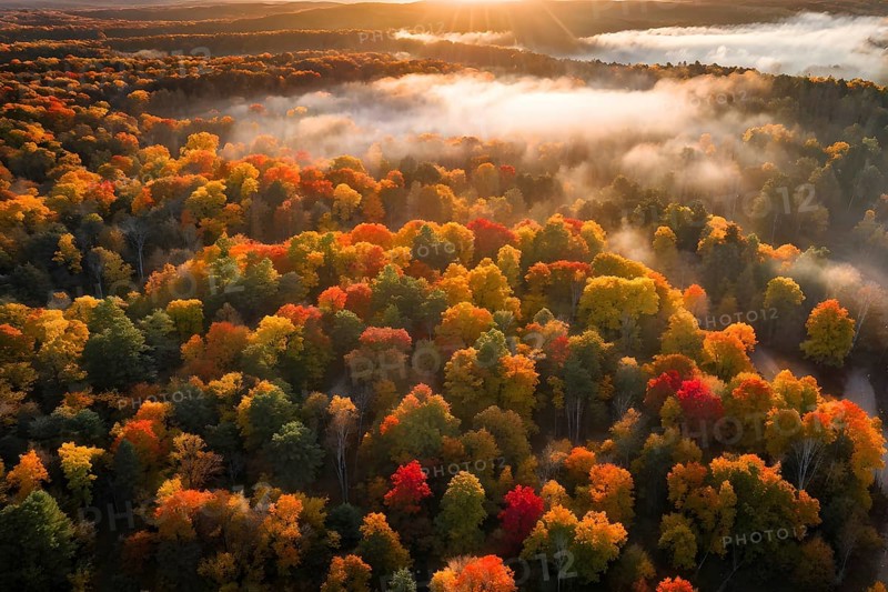 Aerial perspective of an autumn forest with leaves in varying shades of amber red and yellow, AI generated