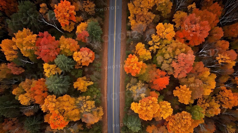 Aerial perspective of an autumn forest with leaves in varying shades of amber red and yellow, AI generated