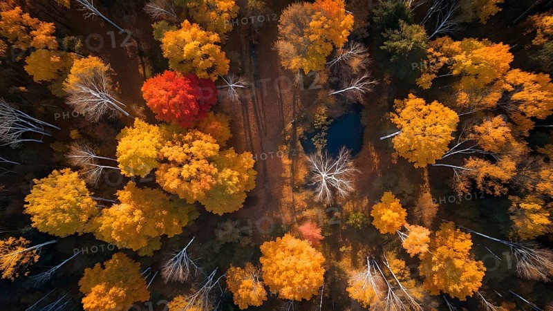 Aerial perspective of an autumn forest with leaves in varying shades of amber red and yellow, AI generated
