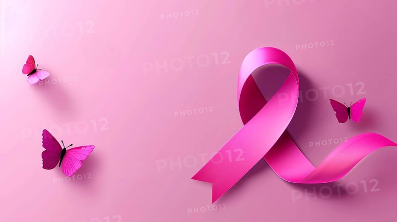Pink breast cancer awareness ribbon and pink butterflies over pink background with copy space, AI generated