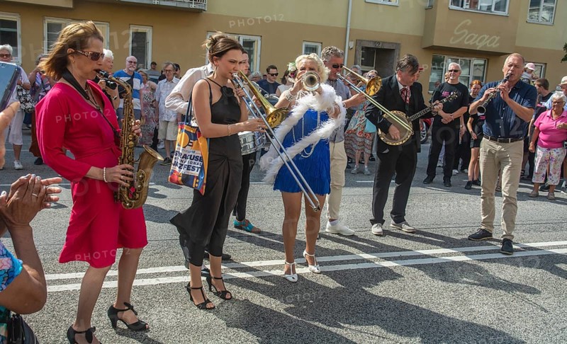 Jazz musicians, The Carling family, play on the street in Ystad in the opening of the Ystad Jazz Festival 2024, Skane County, Sweden, Scandinavia, Europe