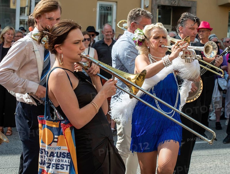 Jazz musicians, The Carling family, play on the street in Ystad in the opening of the Ystad Jazz Festival 2024, Skane County, Sweden, Scandinavia, Europe