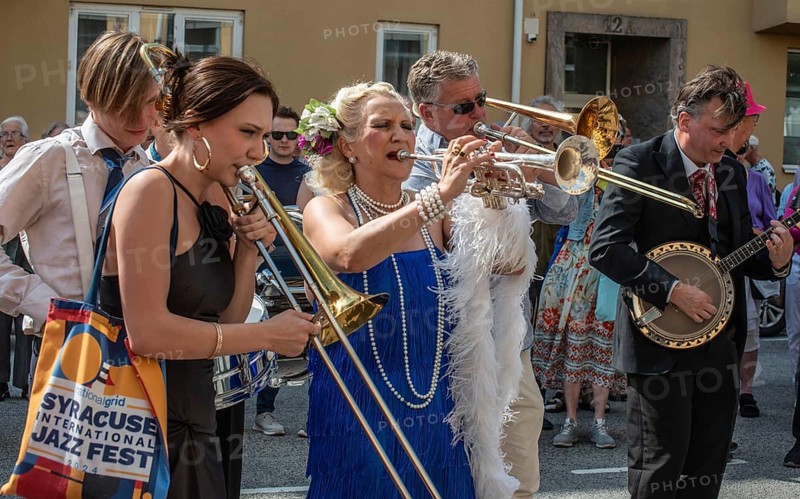 Jazz musicians, The Carling family, play on the street in Ystad in the opening of the Ystad Jazz Festival 2024, Skane County, Sweden, Scandinavia, Europe