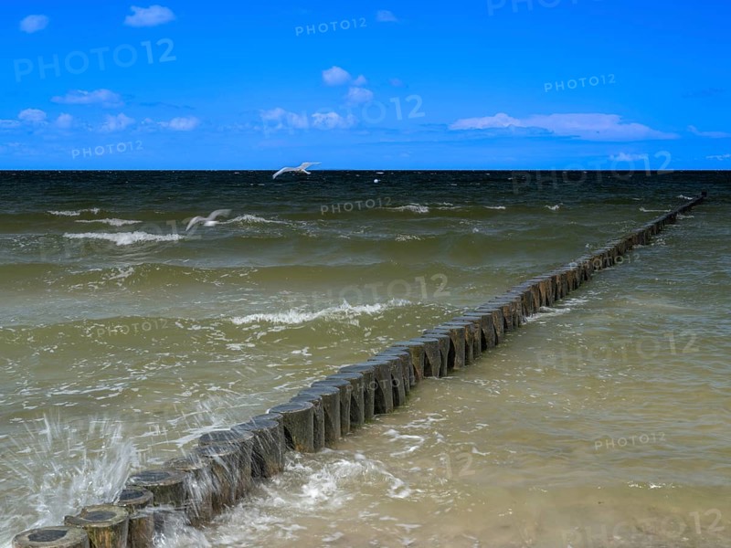 Spray splashes on a wooden groyne on a sandy beach on the Baltic Sea on the island of Usedom, clouds in the blue sky, Zempin, Mecklenburg-Western Pomerania, Germany, Europe