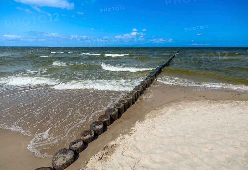 Sandy beach beach with wooden groyne in the Baltic Sea on the island of Usedom, clouds in the blue sky, Zempin, Mecklenburg-Vorpommern, Germany, Europe