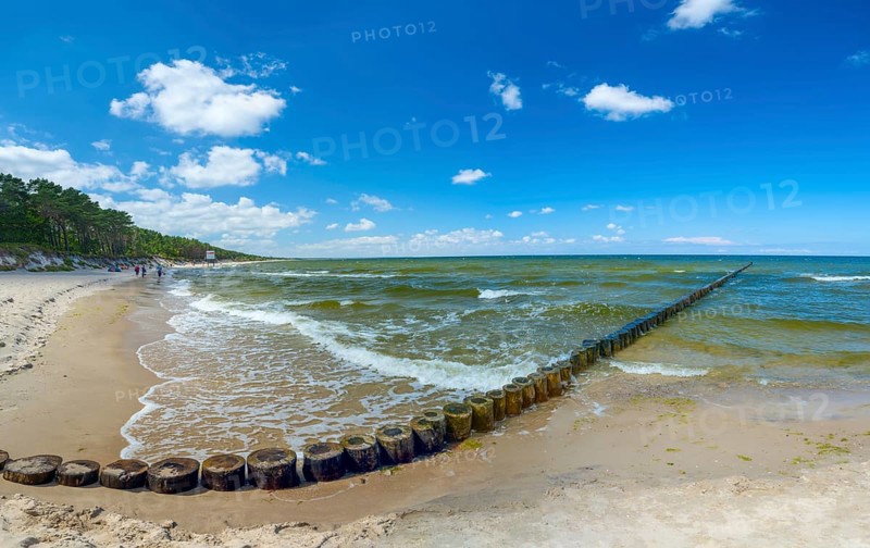 Sandy beach beach with wooden groyne in the Baltic Sea on the island of Usedom, clouds in the blue sky, Zempin, Mecklenburg-Vorpommern, Germany, Europe