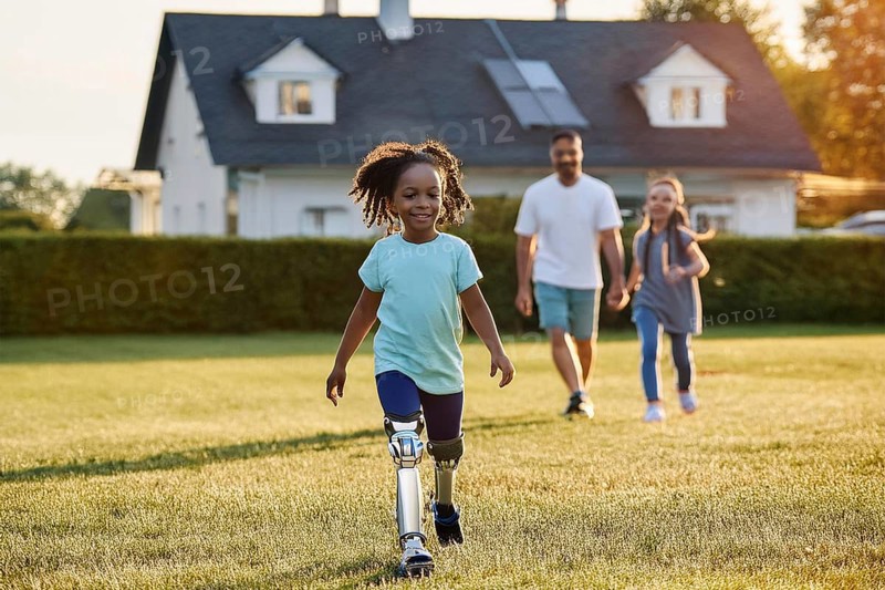 Joyful girl with prosthetic leg runs in the garden, followed by her father and sister, ai generated, KI generated, AI generated