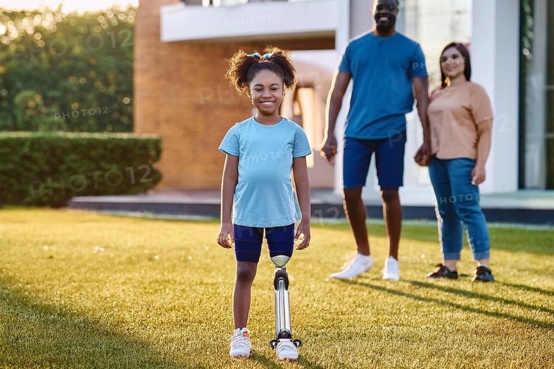 Smiling girl with prosthetic leg in the garden, parents standing smiling in the background next to a white house, ai generated, KI generated, AI generated
