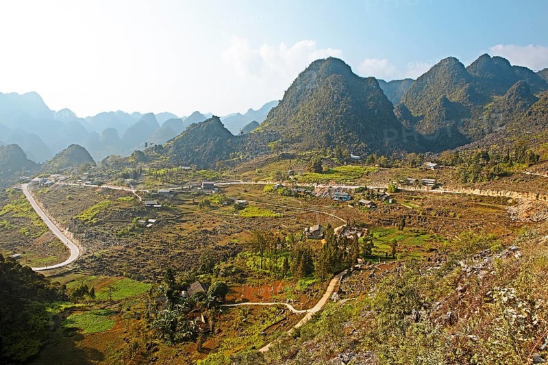 Road and karst rocks in the Dong Van Karst Plateau UNESCO Global Geopark, Ha Giang Province, Vietnam, Asia