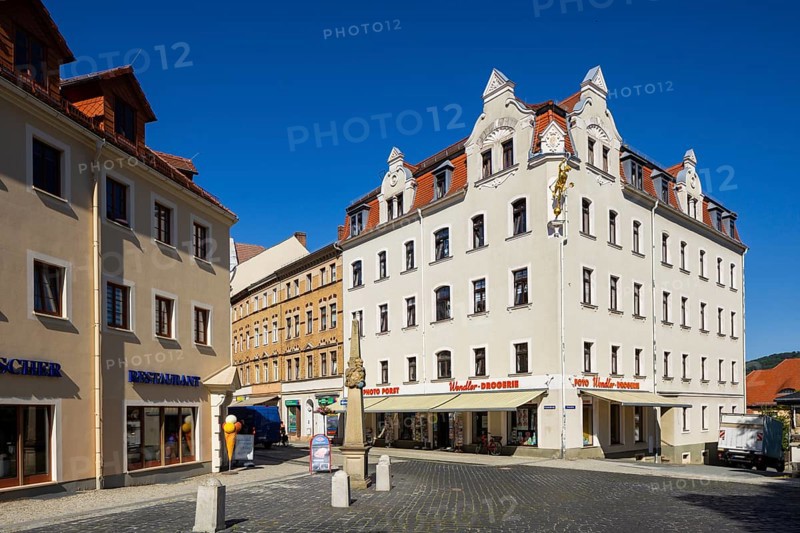 Löbau is a large district town in the district of Görlitz in Upper Lusatia in Saxony. Old town Kursächsische Postmeilensäule. on the promenade, Löbau, Löbau, Saxony, Germany, Europe