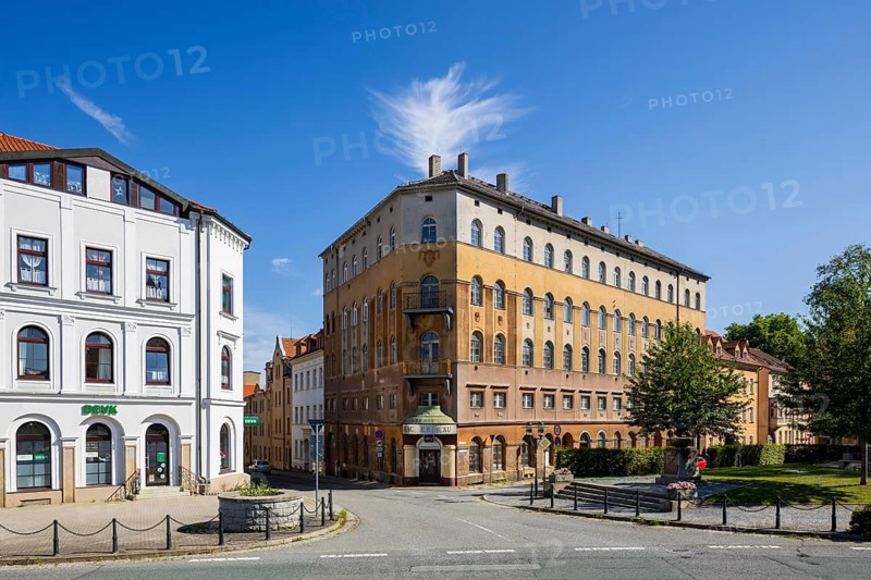 Löbau is a large district town in the district of Görlitz in Saxony's Upper Lusatia. Old town historic buildings at Wettiner Platz, Löbau, Löbau, Saxony, Germany, Europe