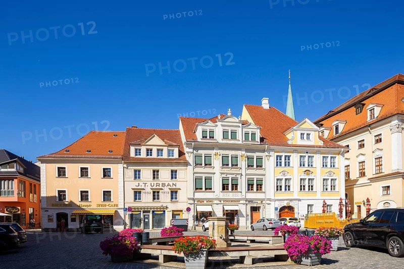 Löbau is a large district town in the district of Görlitz in Upper Lusatia in Saxony. Old town town houses on the market square, Löbau, Löbau, Saxony, Germany, Europe