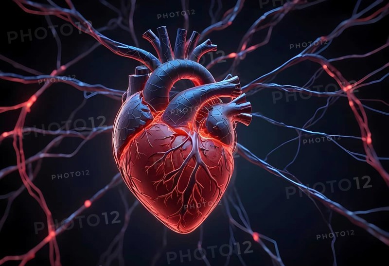 3D rendering of an anatomical heart with glowing red veins against a dark background, AI generated