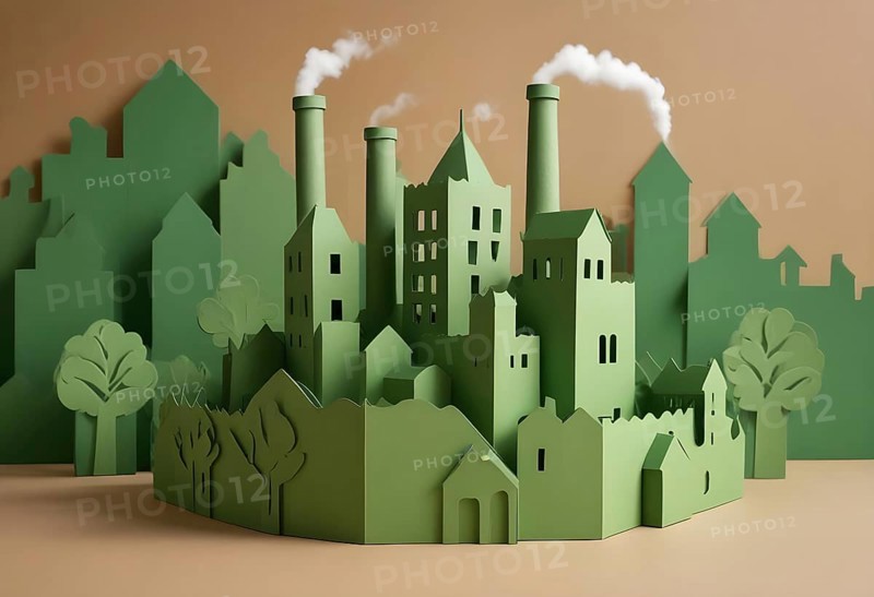 Paper art depiction of a green factory with smokestacks, whimsical and eco-friendly design, AI generated