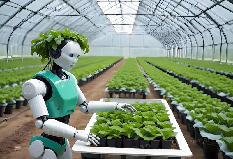 Robot tending to potted plants in a large greenhouse, depicting a merger of technology with agriculture and gardening, AI generated
