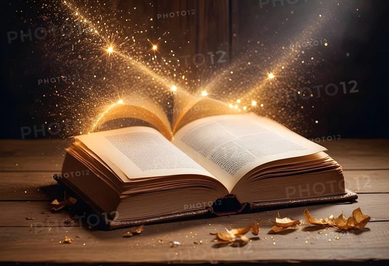 Open book on wooden table with golden light and sparkles emanating from its pages, creating a magical atmosphere, AI generated