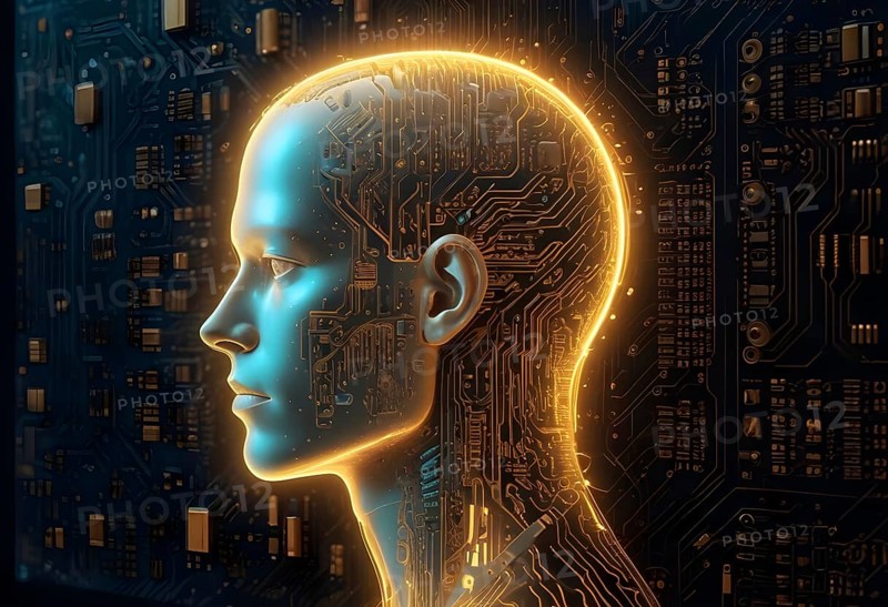 Chrome human-cyborg head in profile with intricate digital circuitry, glowing with neon lights, AI generated
