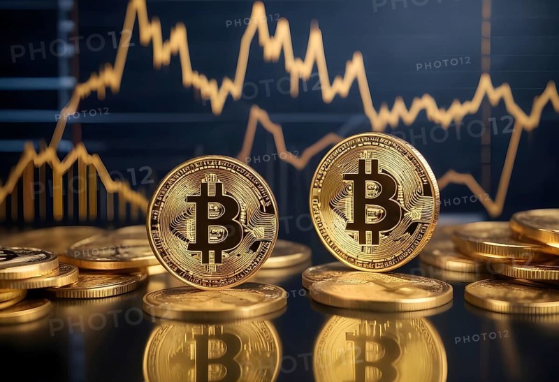 Two bitcoins surrounded by stacked coins with market trend graphs in the background, AI generated