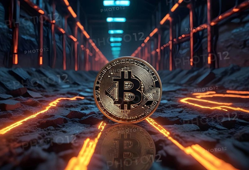 Mining golden bitcoin concept, in a futuristic underground setting with glowing neon lights and digital elements, AI generated
