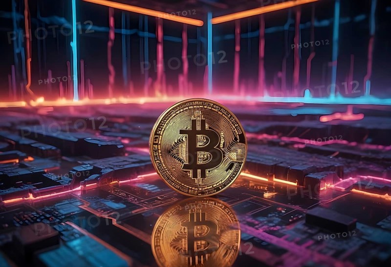 Bitcoin standing on a circuit board with neon lights and digital elements glowing in the background, AI generated