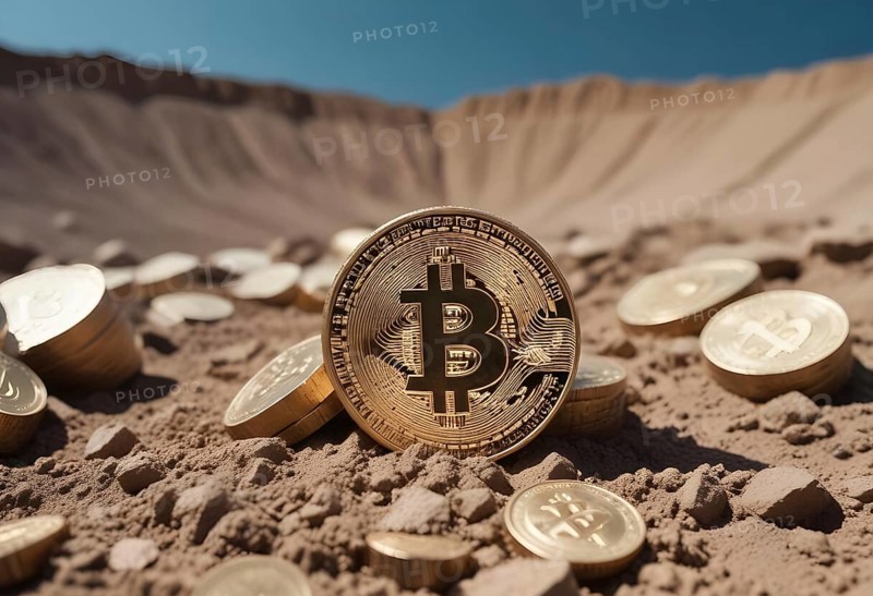 Mining golden bitcoin concept partially buried in sand, set against a soil land, AI generated