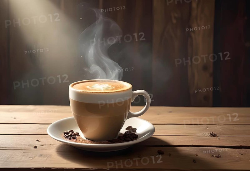 Steaming cup of coffee with latte art on a wooden table with coffee beans, illuminated by a beam of sunlight, AI generated