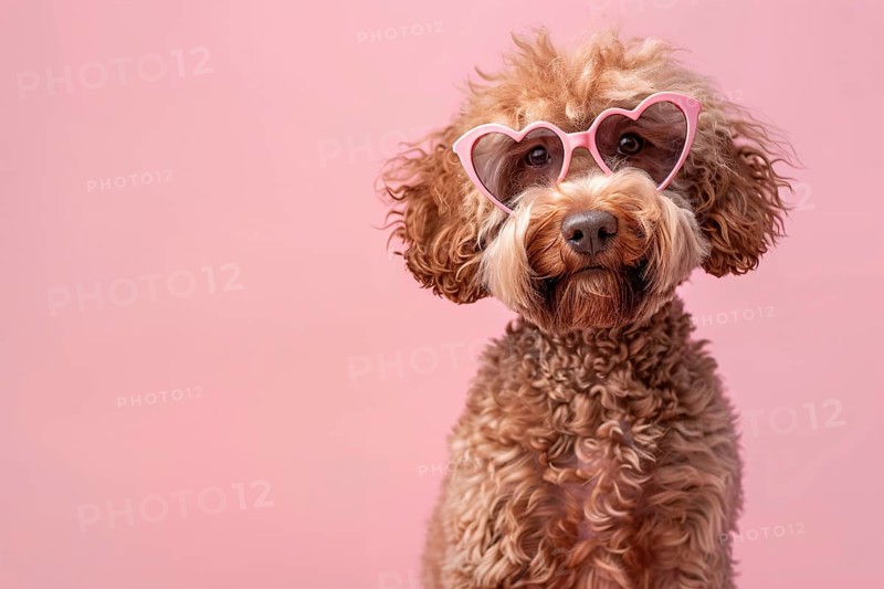 Cute labradpoodle dog with pink heart shaped Valentine's day glasses in front of pink background. Generative Ai, AI generated