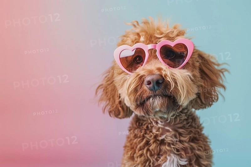 Cute labradpoodle dog with heart shaped Valentine's day glasses in front of pink and blue background. Generative Ai, AI generated