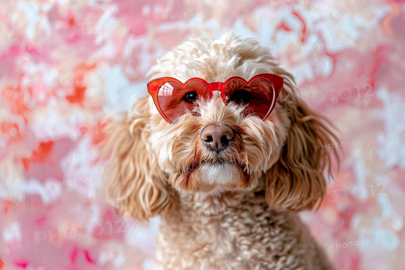 Cute poodle dog with red heart shaped Valentine's day glasses in front of pink background. Generative Ai, AI generated