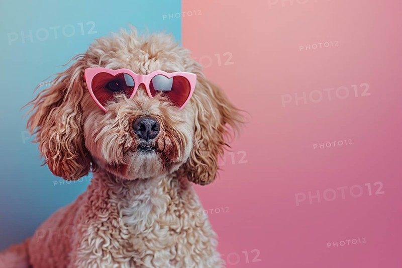 Cute labradpoodle dog with pink heart shaped Valentine's day glasses in front of pink and blue background. Generative Ai, AI generated
