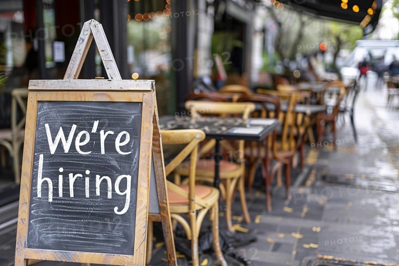 Chalkboard with English text saying 'We're hiring' at restaurant. Concept for labour shortag. Generative Ai, AI generated