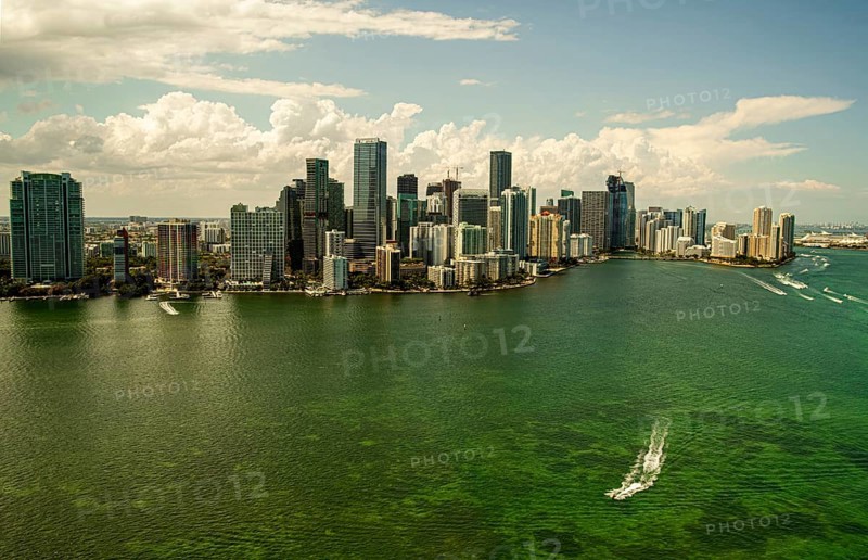 Boat in front of Skyline Miami, Florida, USA Atlantic Ocean